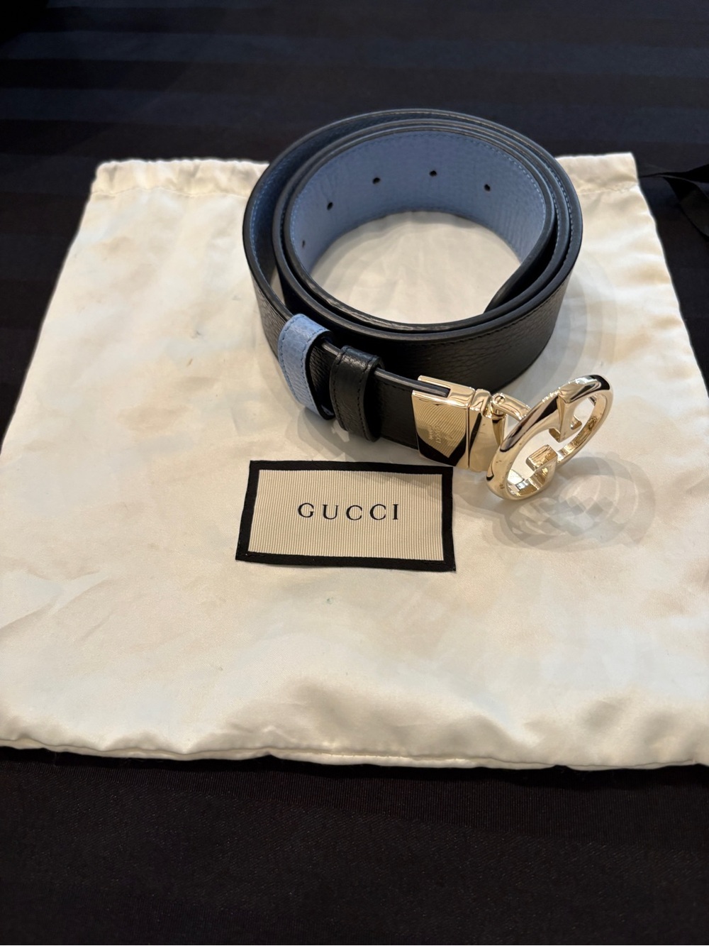 Gucci Unisex Black Leather Belt with Light Blue Interior (Reversible)